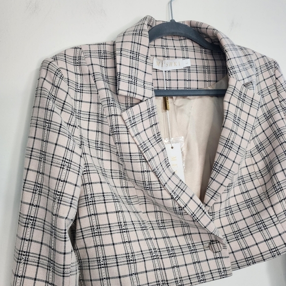 Meshki Neutral Nude Plaid Eda Cropped Blazer Clueless Preppy Academia - Picture 5 of 12